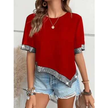 Kadın Kısa Kollu Bisiklet Yaka Asimetrik Kesim Detaylı Pul Payetli Krep Bluz