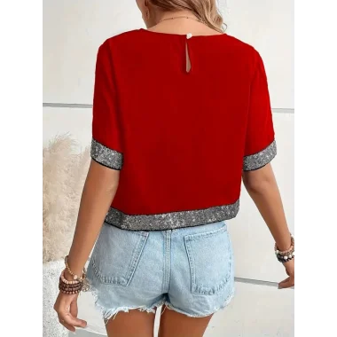 Kadın Kısa Kollu Bisiklet Yaka Asimetrik Kesim Detaylı Pul Payetli Krep Bluz