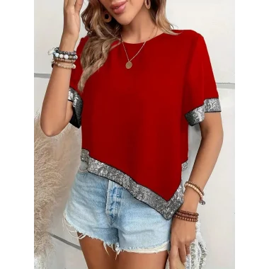 Kadın Kısa Kollu Bisiklet Yaka Asimetrik Kesim Detaylı Pul Payetli Krep Bluz