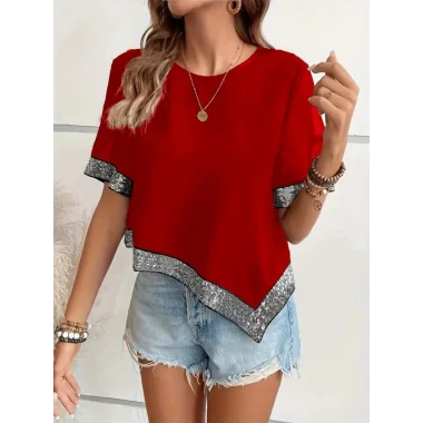 Kadın Kısa Kollu Bisiklet Yaka Asimetrik Kesim Detaylı Pul Payetli Krep Bluz