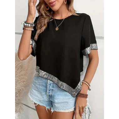 Kadın Kısa Kollu Bisiklet Yaka Asimetrik Kesim Detaylı Pul Payetli Krep Bluz