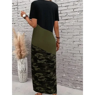 Kadın Kısa Kollu Bisiklet Yaka çok Renkli Maksi Viskon Elbise