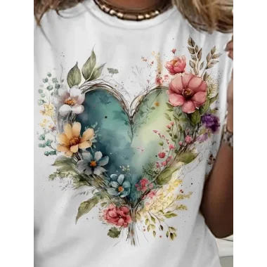 Kadın Kısa Kollu Bisiklet Yaka Kalp Desenli Süprem Bluz