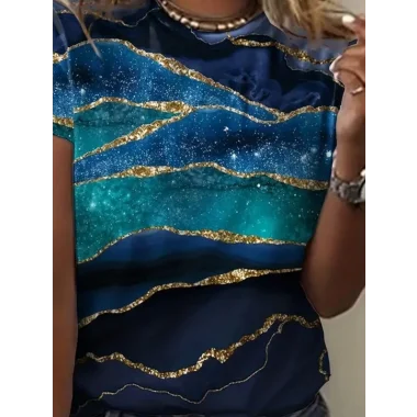 Kadın Kısa Kollu Bisiklet Yaka Mavili Sim Baskılı Sandy Bluz