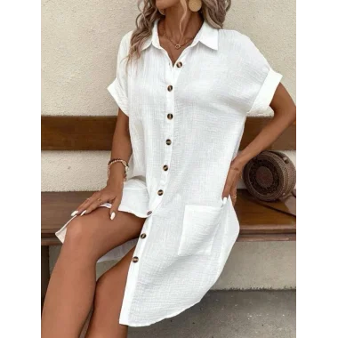 Kadın Kısa Kollu Cep Detaylı Bürümcük Kumaş Gömlek Elbise