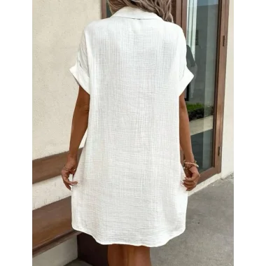 Kadın Kısa Kollu Cep Detaylı Bürümcük Kumaş Gömlek Elbise