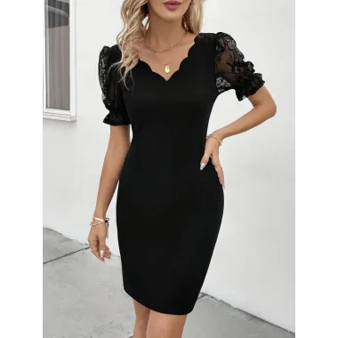 Kadın Kısa Kollu Dantelli V Yakalı Yanlardan Büzgülü çapraz Detaylı Ithal Krep Elbise