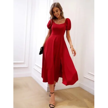 Kadın Kısa Kollu Kare Yakalı Yırtmaçlı Midi Janjan Krep Elbise