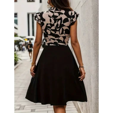 Kadın Kısa Kollu Kolu Fırfır Detay Mini Kuşaklı Kloş Krep Elbise