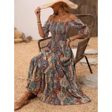 Kadın Kısa Kollu Madonna Yaka Desenli Fırfırlı Maksi Bu Süprem Elbise