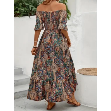 Kadın Kısa Kollu Madonna Yaka Desenli Fırfırlı Maksi Bu Süprem Elbise