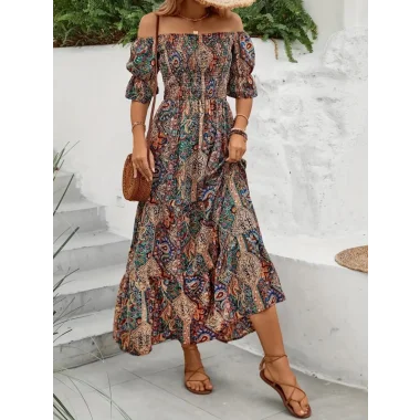 Kadın Kısa Kollu Madonna Yaka Desenli Fırfırlı Maksi Bu Süprem Elbise