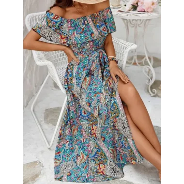 Kadın Kısa Kollu Madonna Yaka Fırfırlı Belden Yırtmaçlı Maksi Süprem Elbise