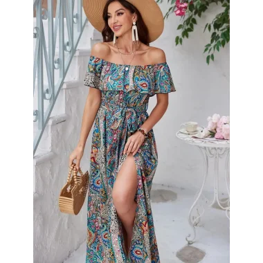 Kadın Kısa Kollu Madonna Yaka Fırfırlı Belden Yırtmaçlı Maksi Süprem Elbise