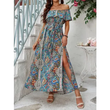 Kadın Kısa Kollu Madonna Yaka Fırfırlı Belden Yırtmaçlı Maksi Süprem Elbise