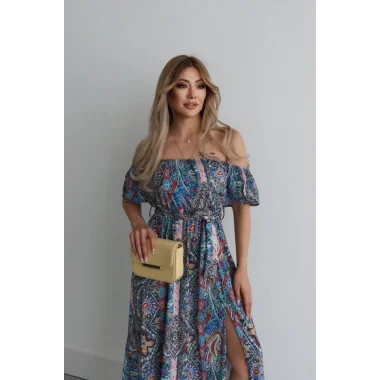 Kadın Kısa Kollu Madonna Yaka Fırfırlı Belden Yırtmaçlı Maksi Süprem Elbise