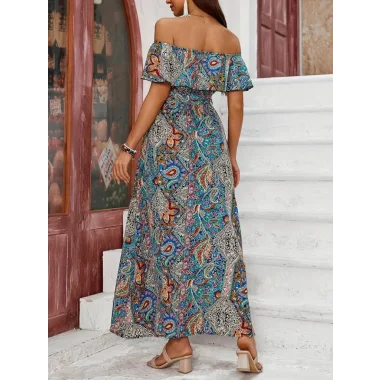 Kadın Kısa Kollu Madonna Yaka Fırfırlı Belden Yırtmaçlı Maksi Süprem Elbise