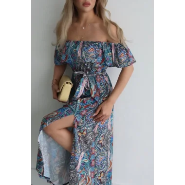 Kadın Kısa Kollu Madonna Yaka Fırfırlı Belden Yırtmaçlı Maksi Süprem Elbise