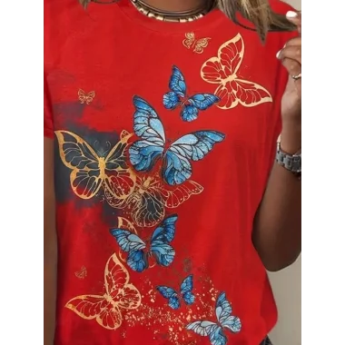 Kadın Kısa Kollu Mavi Sarı Kelebek Baskı Süprem Bluz