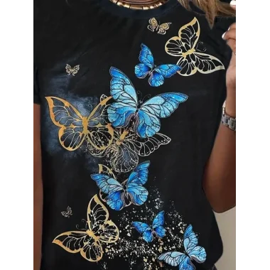 Kadın Kısa Kollu Mavi Sarı Kelebek Baskı Süprem Bluz