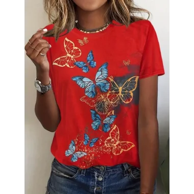 Kadın Kısa Kollu Mavi Sarı Kelebek Baskı Süprem Bluz