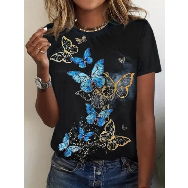 Kadın Kısa Kollu Mavi Sarı Kelebek Baskı Süprem Bluz