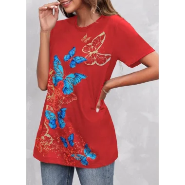 Kadın Kısa Kollu Mavi Sarı Kelebek Baskı Süprem Bluz