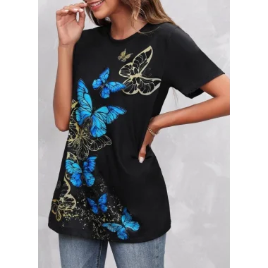 Kadın Kısa Kollu Mavi Sarı Kelebek Baskı Süprem Bluz
