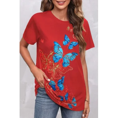 Kadın Kısa Kollu Mavi Sarı Kelebek Baskı Süprem Bluz