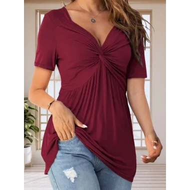 Kadın Kısa Kollu önü Düğüm Detay Viskon Bluz