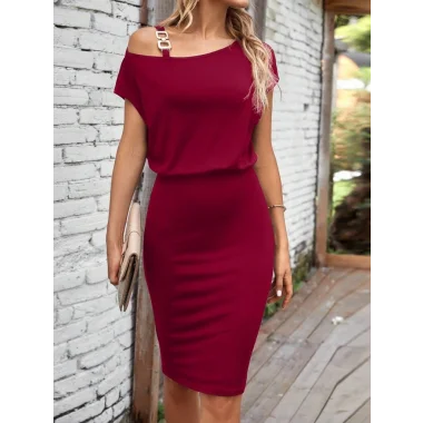 Kadın Kısa Kollu Tek Omuz Askı Ve Aksesuar Detay Beli Lastikli Krep Elbise