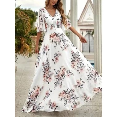 Kadın Kısa Kollu V Yakalı çiçek Desenli Süprem Elbise