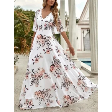 Kadın Kısa Kollu V Yakalı çiçek Desenli Süprem Elbise