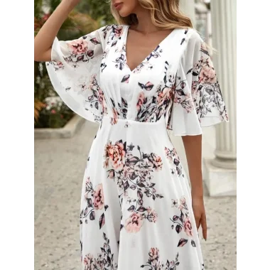 Kadın Kısa Kollu V Yakalı çiçek Desenli Süprem Elbise