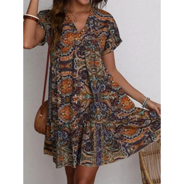 Kadın Kısa Kollu V Yakalı Kiloş Desenli Süprem Elbise