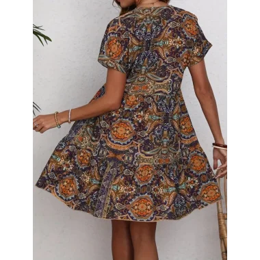 Kadın Kısa Kollu V Yakalı Kiloş Desenli Süprem Elbise