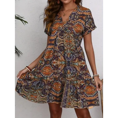 Kadın Kısa Kollu V Yakalı Kiloş Desenli Süprem Elbise