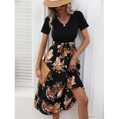 Kadın Kısa Kollu V Yakalı üst Viskon Alt Süprem Midi Elbise