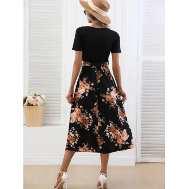 Kadın Kısa Kollu V Yakalı üst Viskon Alt Süprem Midi Elbise