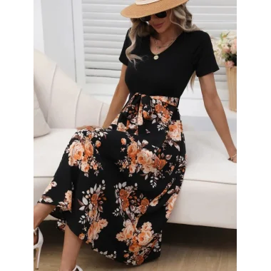 Kadın Kısa Kollu V Yakalı üst Viskon Alt Süprem Midi Elbise