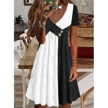 Kadın Kısa Kollu V Yakalı Zıt Renkli Brode Artı Viskon Elbise