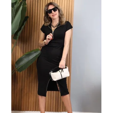 Kadın Kısa Kollu Yakadan Ve Eteği Fermuarlı Viskon Iki Iplik Midi Elbise