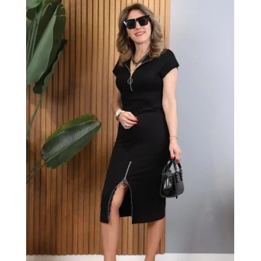 Kadın Kısa Kollu Yakadan Ve Eteği Fermuarlı Viskon Iki Iplik Midi Elbise