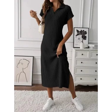 Kadın Kısa Kollu Yakalı Yandan Yırtmaçlı Kalın Fitilli Kaşkorse Elbise