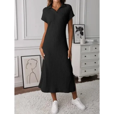 Kadın Kısa Kollu Yakalı Yandan Yırtmaçlı Kalın Fitilli Kaşkorse Elbise