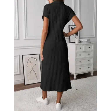 Kadın Kısa Kollu Yakalı Yandan Yırtmaçlı Kalın Fitilli Kaşkorse Elbise