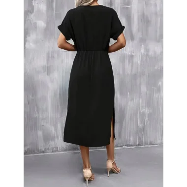 Kadın Kısa Kollu Yakası Açık Belden Bağlamalı Yırtmaçlı Viskon Elbise