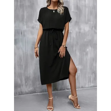 Kadın Kısa Kollu Yakası Açık Belden Bağlamalı Yırtmaçlı Viskon Elbise