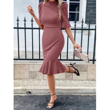 Kadın Kısa Kollu Yarı Balıkçı Yakalı Etek Ucu Fırfırlı Midi Ithal Krep Elbise