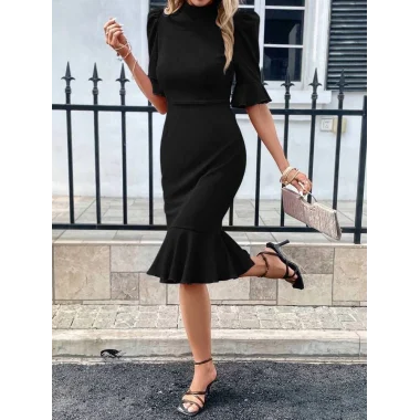 Kadın Kısa Kollu Yarı Balıkçı Yakalı Etek Ucu Fırfırlı Midi Ithal Krep Elbise